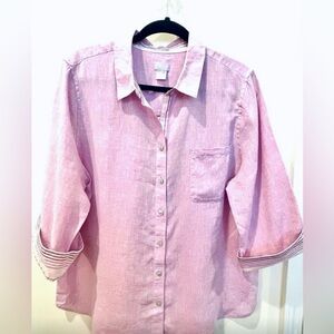 Chicos Women Lilac pink  100% Linen Button-Up Shirt size 3/XL 3/4 sleeves